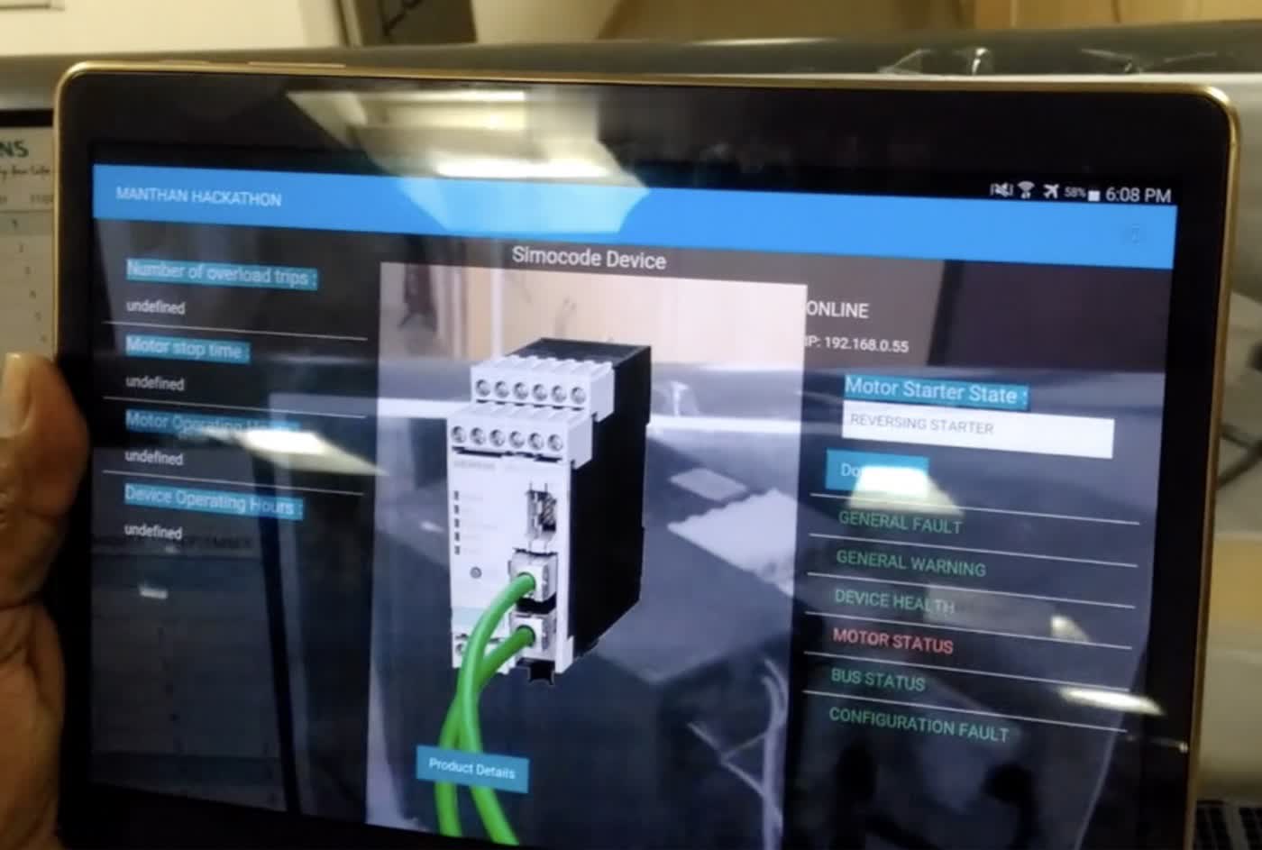 Tablet showing an augmented-reality overlay on a Siemens Simocode industrial motor management device, displaying live device status and diagnostic fields such as motor starter state and operating hours