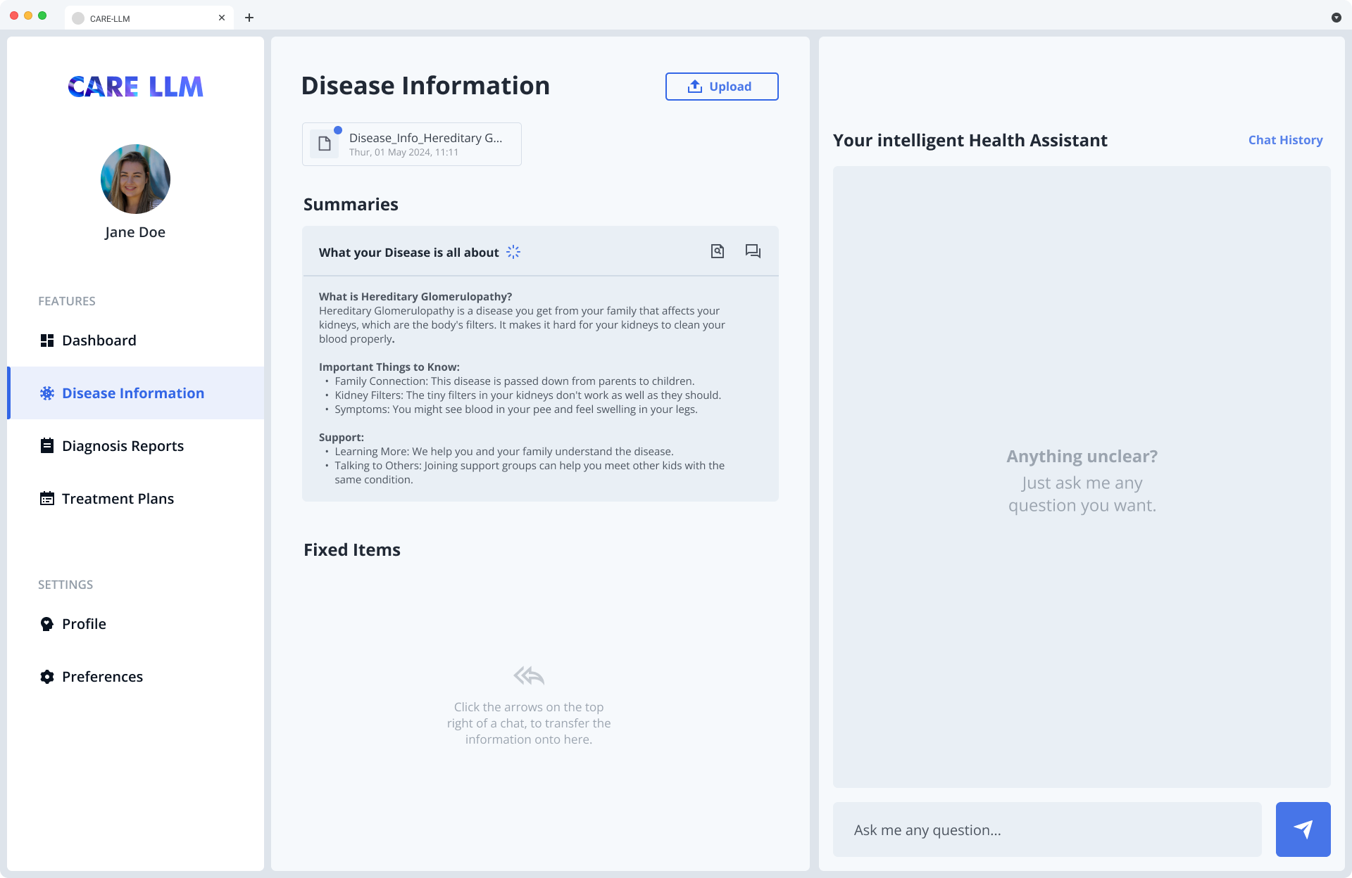 CARE-LLM disease information screen with a plain-language explanation of a kidney condition and an AI health assistant chat panel