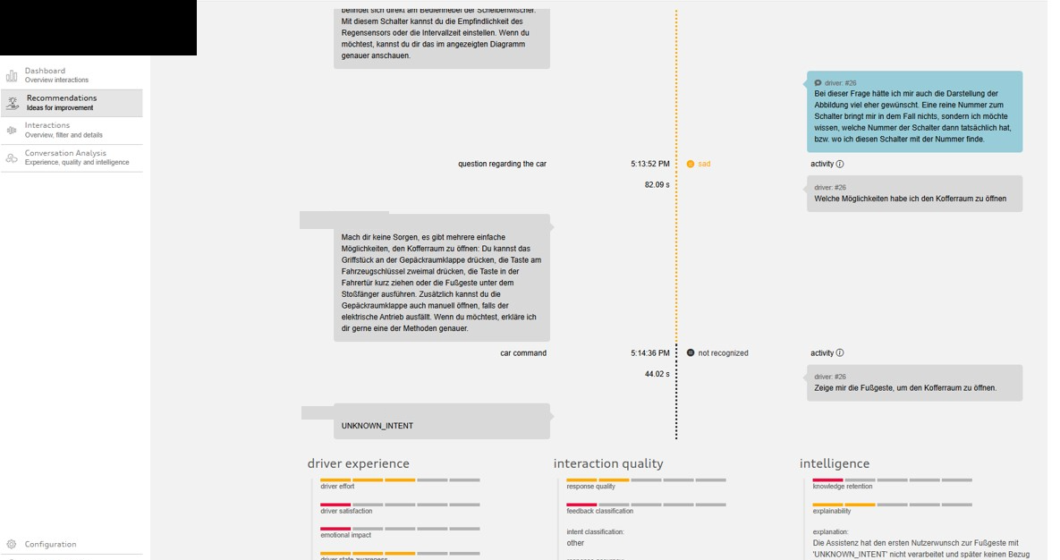 Conversation analysis detail view showing a driver-assistant dialogue with sentiment tags and driver experience, interaction quality, and intelligence scoring