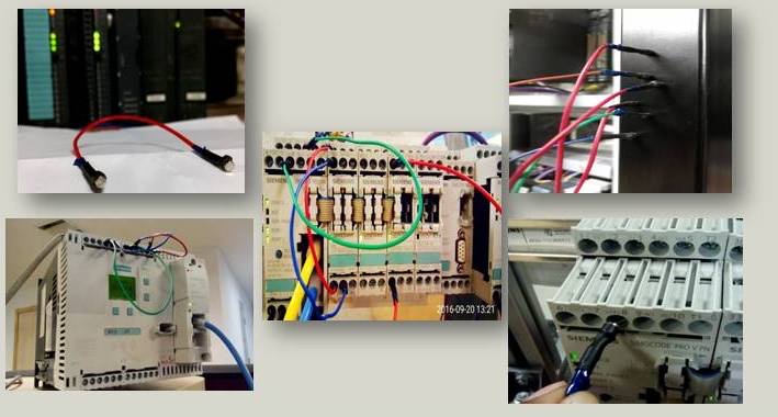 Collage of photos showing pluggable magnetic connector prototypes wired to Siemens industrial motor management devices for faster test-bench setup